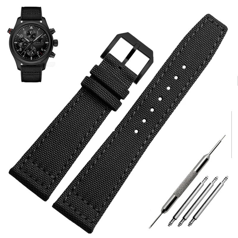 Green and Black Nylon Leather Watch Band Strap with Silver Pin Buckle - High Quality