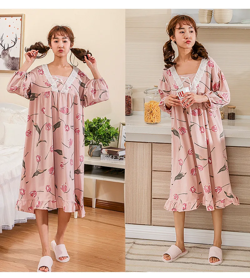 Осеннее Новое корейское свободное Ночное Платье с принтом, ночная рубашка с v-образным вырезом, ночная рубашка с длинным рукавом, Длинная Ночная одежда для сна хлопок