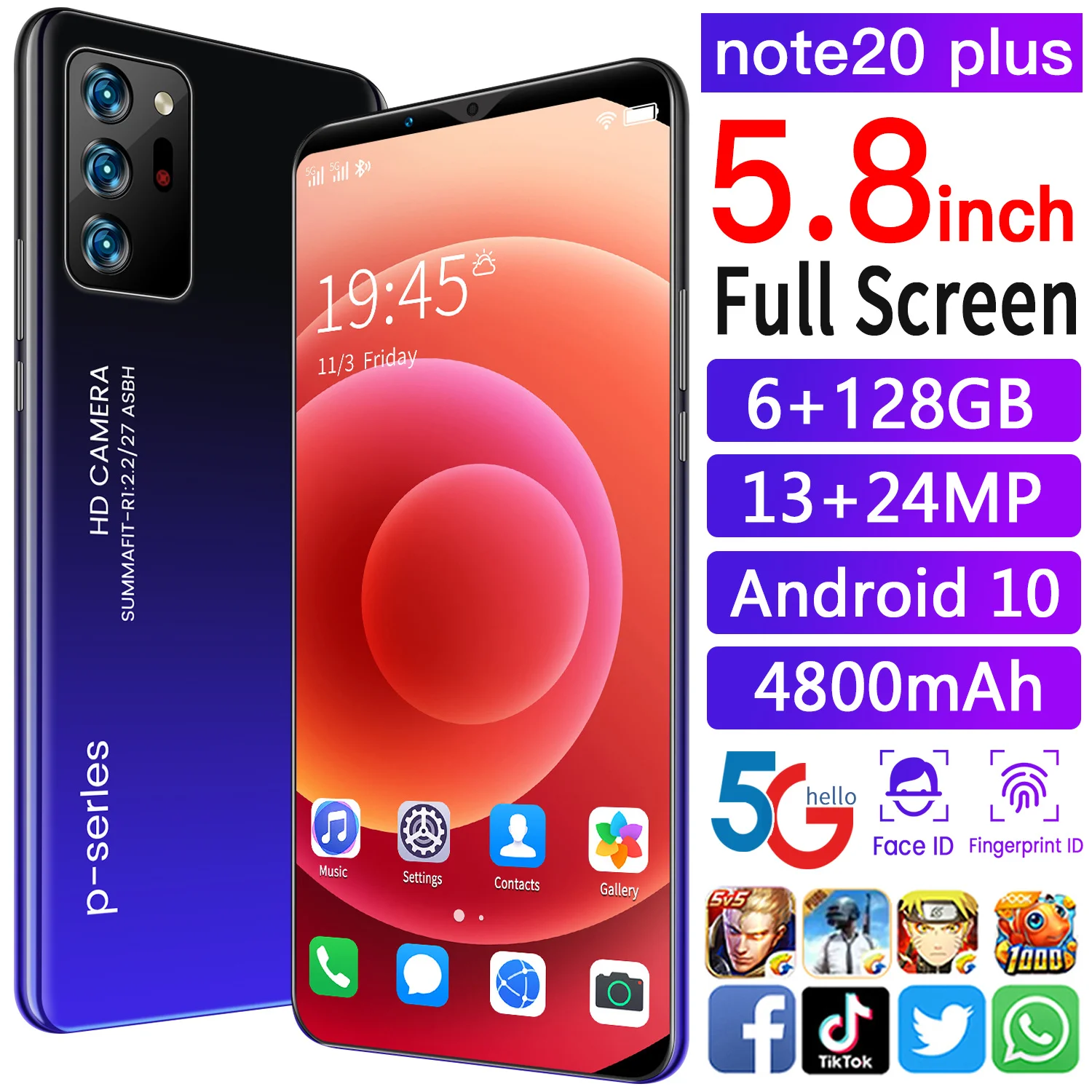 Galaxy Note20 Plus Android Smartphones 5G LET 8GB+256GB Cellphones 10-Core MT6799 Real Fingerprint 4800mAh Dual SIM Mobile Phone