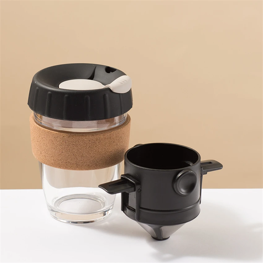 Стеклянная кофейная чашка, набор фильтров из нержавеющей стали, комбинация ручного дозатора для кофе, ручная работа для разработки портативной чашки, подарочная коробка - Цвет: black