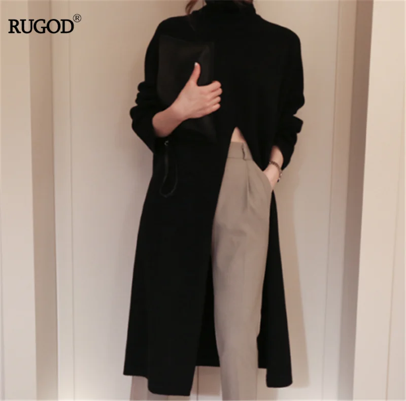 RUGOD, женское платье-водолазка, одноцветное, с разрезом, кашемировый, свободный, вязаный свитер, Повседневный, для девушек, Trui Dames Modis Vestidos