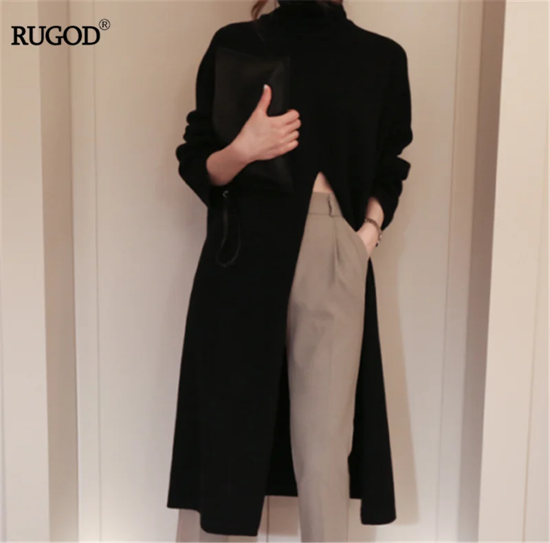 

RUGOD 2019 women's Turtlenecks Dress Solid Split Cashmere Loose Knitted Sweater Casual Lady Trui Dames Modis Vestidos