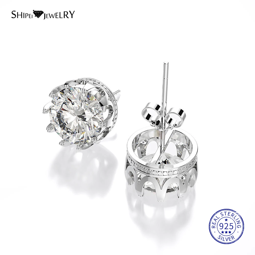 

Shipei 100% 925 Sterling Silver Fine Jewelry White Gold Round Sapphire Emerald Ruby Crown Stud Earrings for Women Birthday Gift