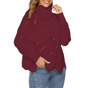 

2019 Women Elegant New Style Fashion Design Solid Color Round Neck Hole Knit Sweater Medium High Collar Pullover Sweater Red XL*