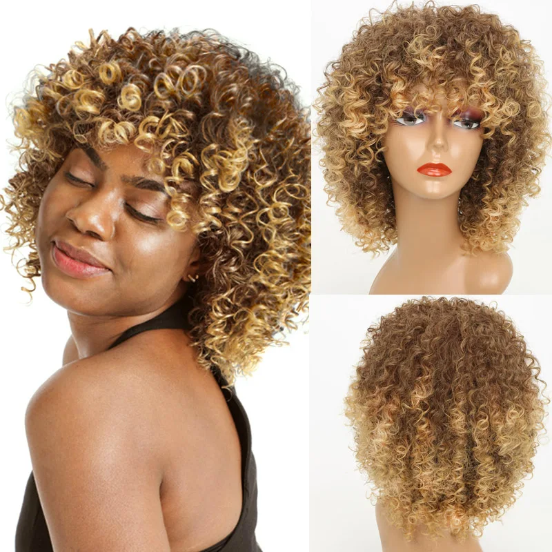 Wigs Curly-Hair Hairstyles Short Hair-Mix Brown LISI Blacck Color Women African for High-Temperature-Fiber