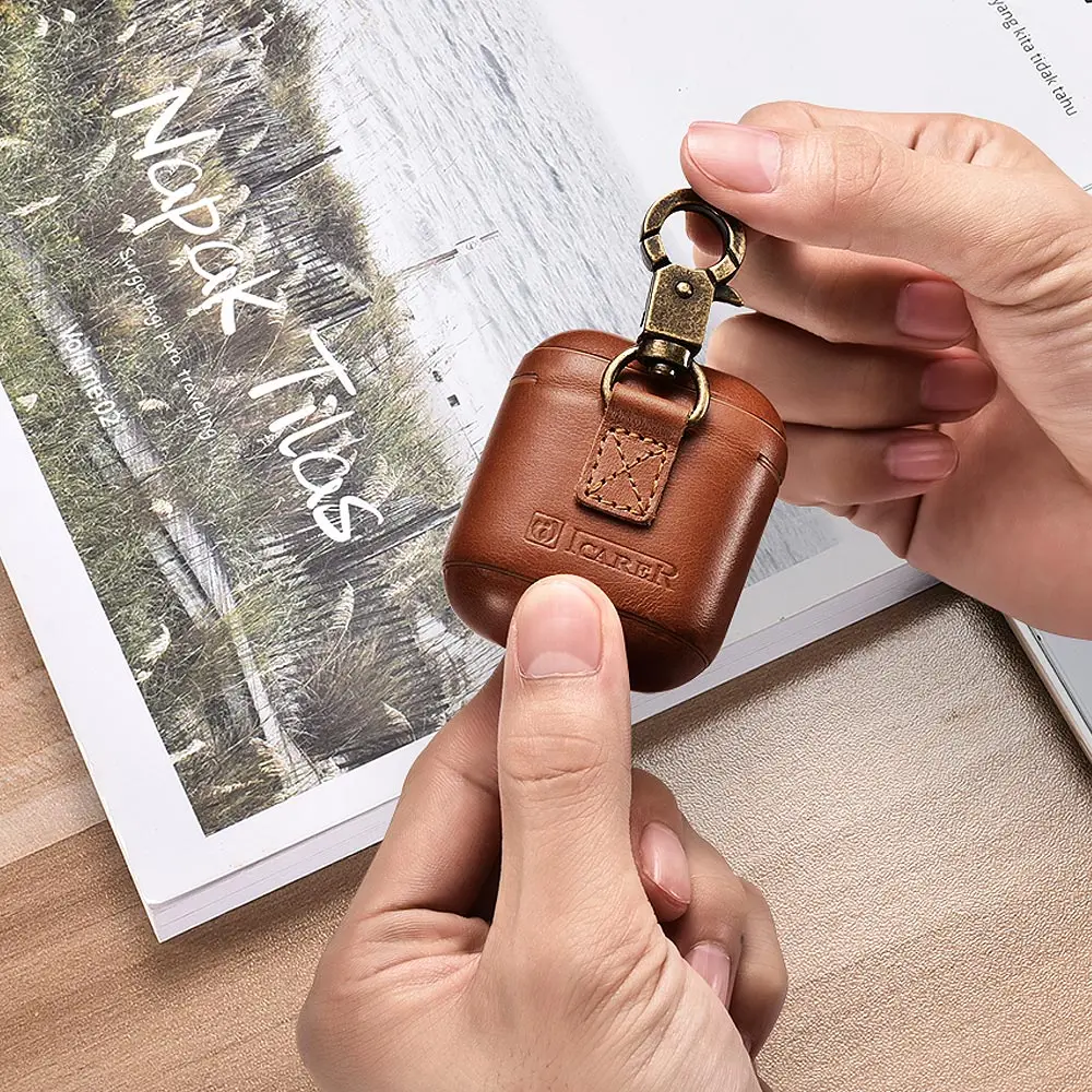 ICARER для Apple AirPods винтажный из натуральной кожи Защитная сумка-чехол для наушники для iPhone Cover w/светодиодный индикатор отверстие w/металлический крючок