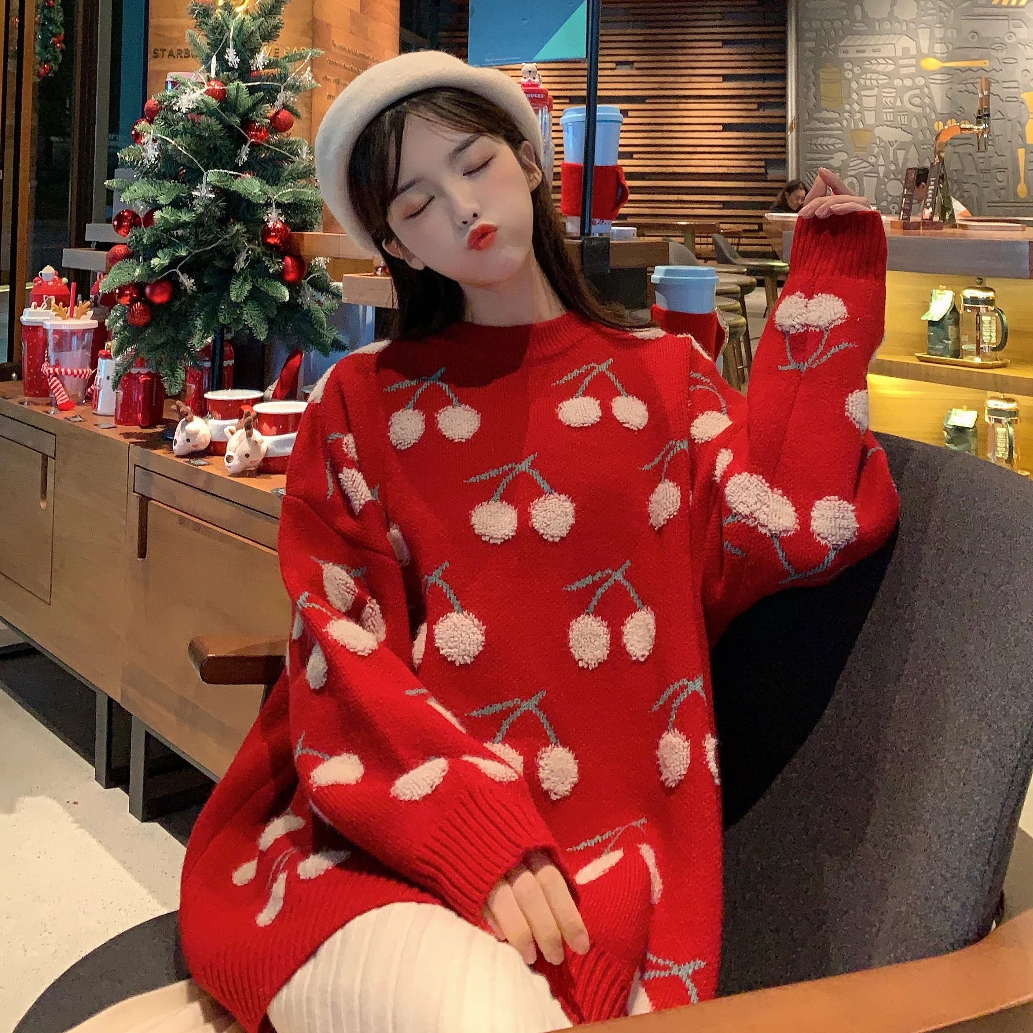 

Japanese Sweet Lazy Style Winter New Women Sweater O-Neck Kawaii Cherry Jacquard Knitting Pullovers Full Sleeve Short Sweaters