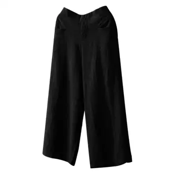 

Women Solid Color Straight Wide Leg Cropped Pants Loose Button Pocket Trousers