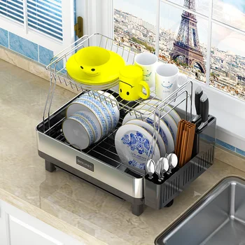 

2 Tier Kitchen Dish Drying Rack Bowl Drainer Dishes Dryer Basket Knief Holder Kitchen Tools Cutlery Storage Shelf Plate Rack