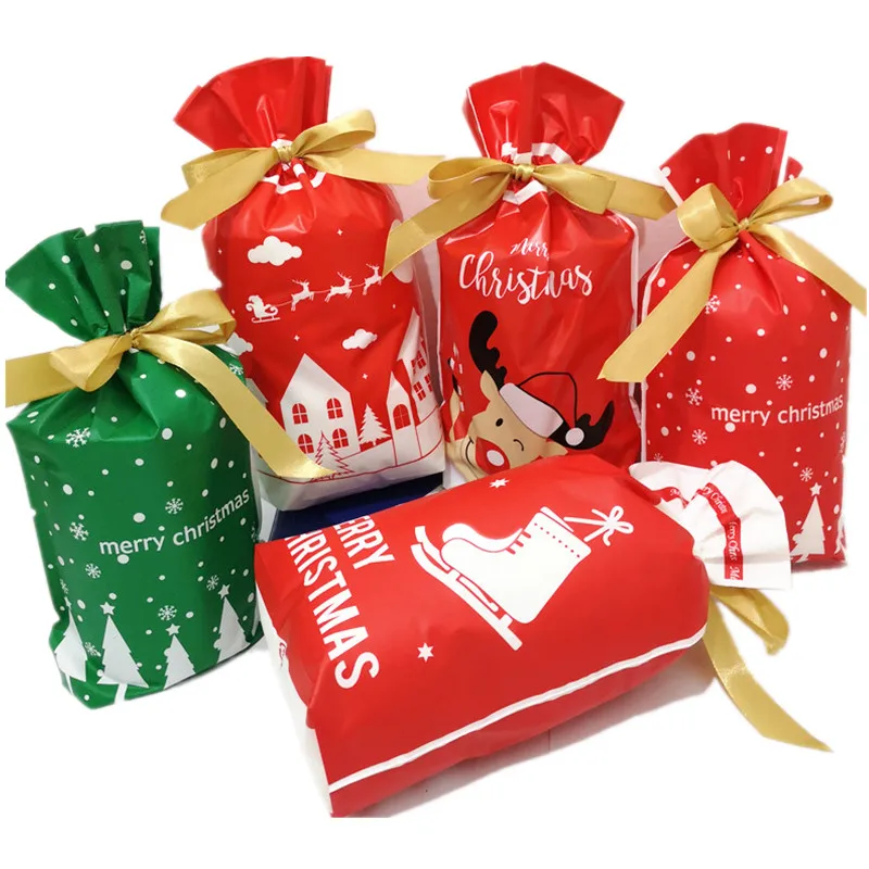 

Hot 100pcs Christmas Plastic Drawstring Bags Candy Cookie Snack Gift Bags Birthday Party Wedding Decor bag Kid Favorite Bags Yx
