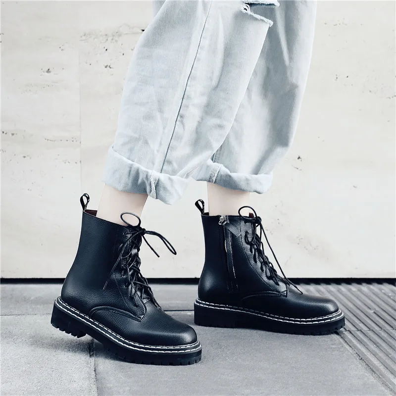 

YMECHIC 2019 Winter Street Black Lace Up Biker Boots Women Cross Tied Gothic Punk Platform Ladies Motorcycle Ankle Combat Boots