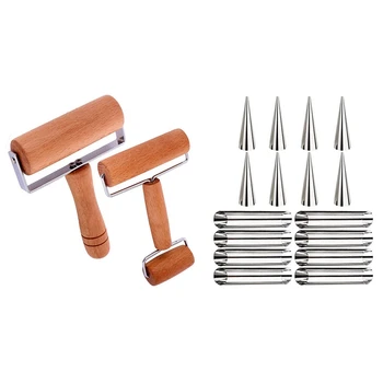 

2Pcs Wood Pastry Pizza Roller Wooden Rolling Pin & 16Pcs Stainless Steel Pastry Cream Horn Molds,Mould Baking