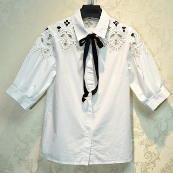 

HIGH STREET Newest Fashion 2020 Designer Blouse Women's Turn-down Collar Hollow Out Embroidery shirt