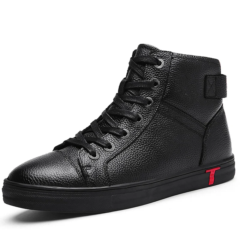 Зимние мужские ботинки из натуральной кожи, большие размеры 46-48, нескользящая обувь суперзвезды со шнуровкой на плоской подошве Удобные мужские ботинки - Цвет: Black