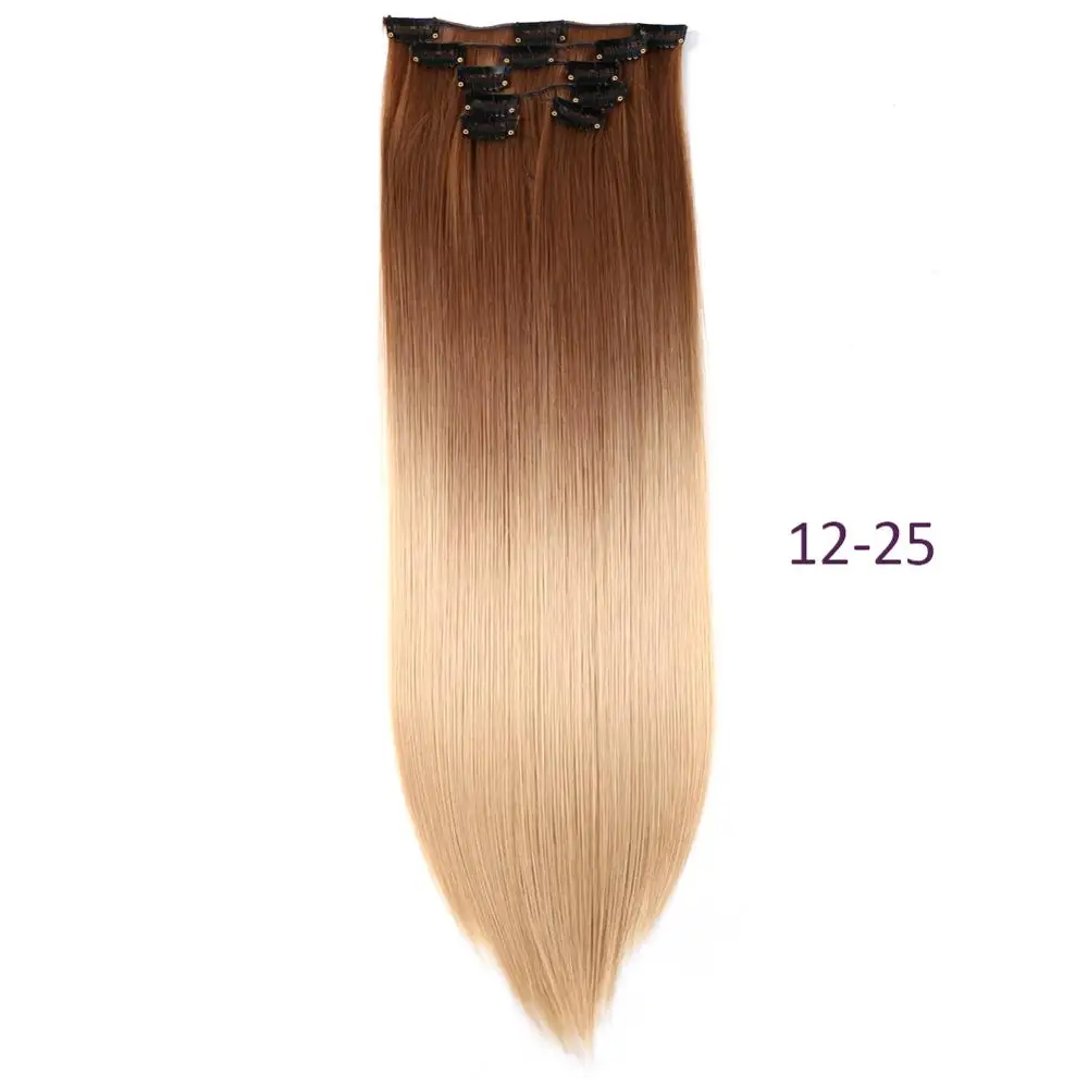 9 цветов, 12 клипс, 22 дюйма, длинные прямые синтетические волосы для наращивания на заколках, высокотемпературное волокно, черные, коричневые шиньоны - Цвет: 12-25