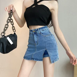 2022new nova primavera verão das mulheres do vintage dividir azul mini saia jeans casual feminino botão magro senhoras calças de brim curtas saias