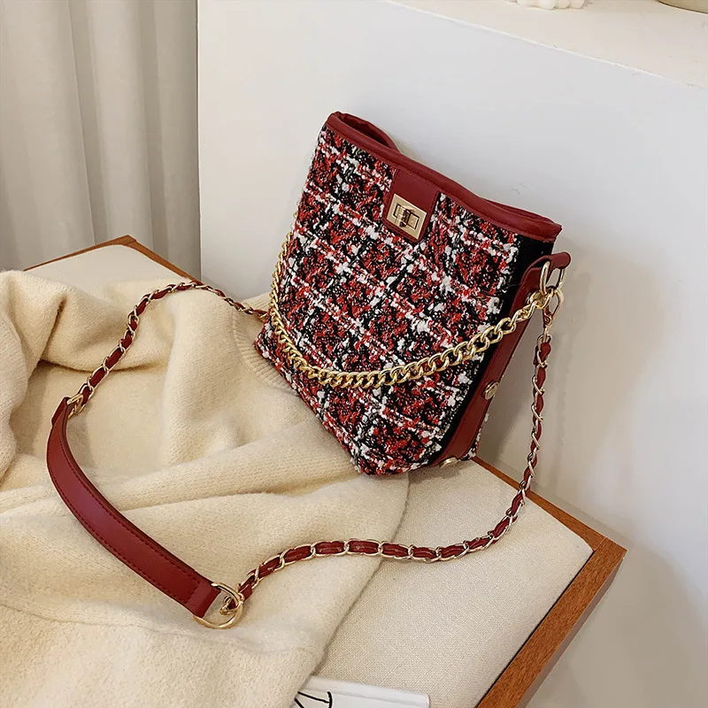 

Online Celebrity Woolen Cloth Small CK Large Capacity Bucket Bag Women's Simple New Style Versatile Shoulder Bag Fashion Plaid B