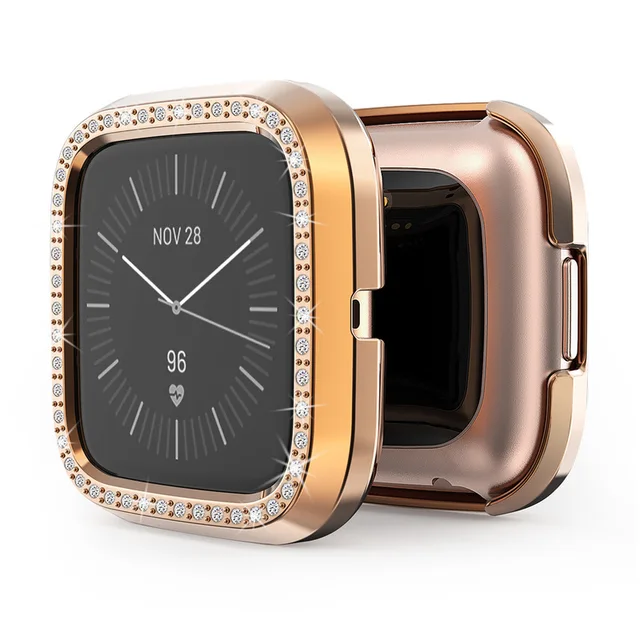 Bling Protector Case for Fitbit Versa 2 Women Girl Jewelry Crystal Diamond Watch Protection Bumper Cover for Fitbit Versa Lite Rose Gold