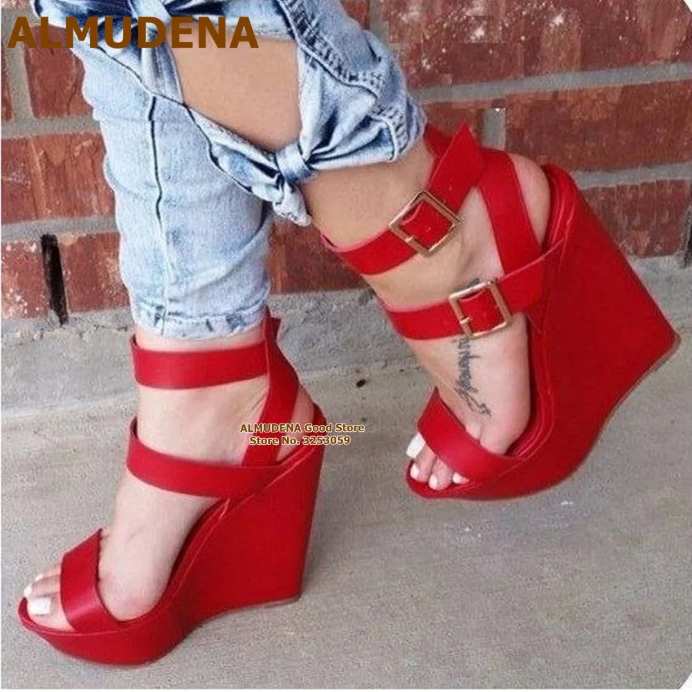 

ALMUDENA Red Matte Leather Wedged Heel Sandals Women Elegant Platform Bride Shoes Open Toe Buckle Strap Gladiator Pumps Size46