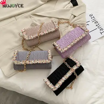 

Portable Women Nylon Shoulder Bag Pleated Pearl Decor Handbags Lady Party Clutch Fashion Exquisite Shopping Bag
