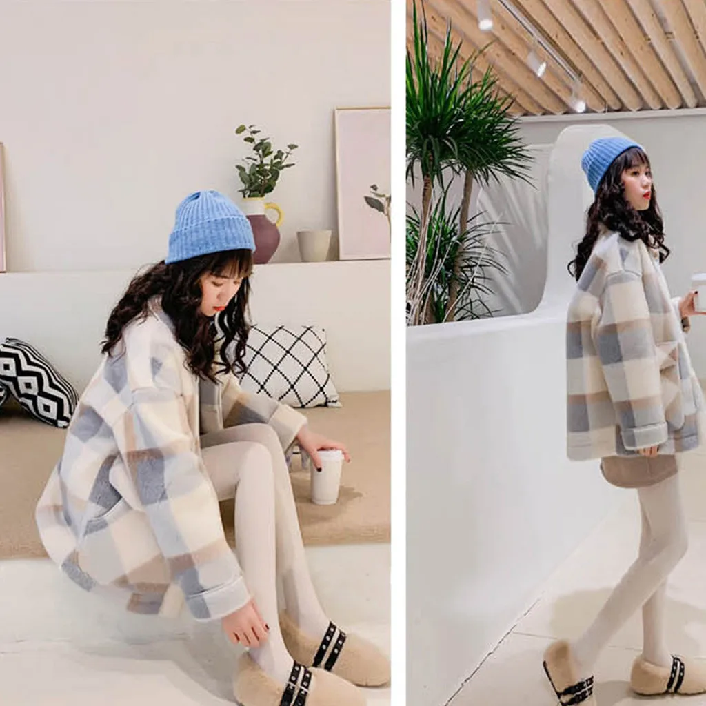 Kawaii, женская зимняя куртка s и пальто, отложной воротник, клетчатая одежда, карманы, пальто с капюшоном, винтажные женские пальто, зимняя куртка