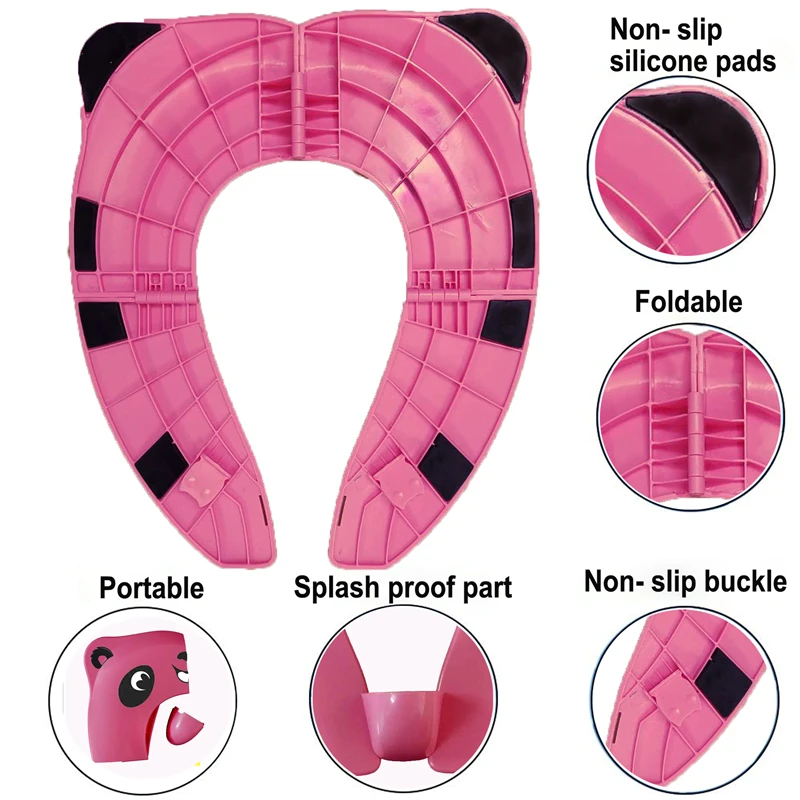Upgrade Kids Panda Potty Training Seat Portable Travel Toilet Cover Foldable Reusable Pot Ring With Splash Guard Non-Slip Pads 5