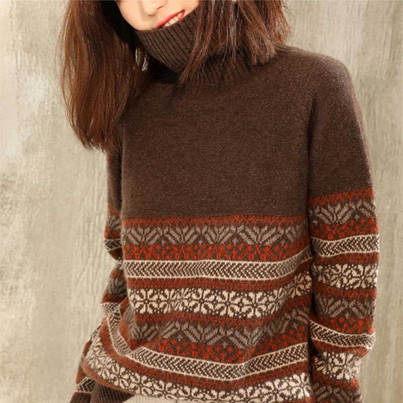 Winter New Retro Acquard Cashmere Women Sweater Female Turtleneck Color Matching Striped Loose Bottoming | Женская одежда