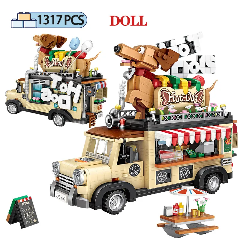 Comprar 1317 piezas Mini ladrillos ciudad Hot Dog Cart coche figurita modelo bloques de construcción Mini gránulos vehículo DIY juguetes educativos para los niños