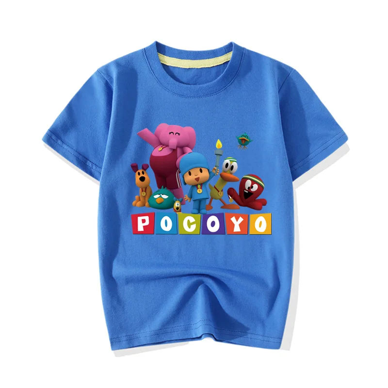 Blue T-shirt Детские летние футболки с коротким рукавом, мультфильм покойо, одежда с принтом, хлопковые футболки для маленьких мальчиков и девочек, детская футболка, Топ JY080 - Цвет: Blue T-shirt