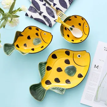 

Ceramic plate tableware set hand-painted creative fish plate household dinner plate cartoon rice bowl plate spoon goldfish kit