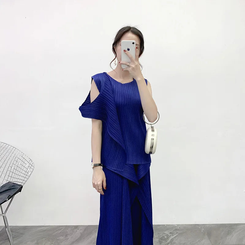 Blue top LAANMREM, модные новые топы без рукавов+ свободные штаны, два предмета, женские штаны, комплект-двойка YH681 - Цвет: Blue top