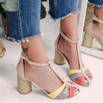 

CALOFE Strap Heel Peep Toe Chunky Heel Sandals 2020 Summer Vintage Slip On Elastic Bandage Platform Sandals Sandalias Mujer