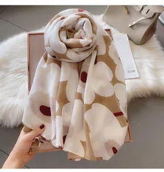 lady Autumn Cotton Viscose Shawl Luxury Spain White Floral Long Pashmina Wrap Sun Protection Summer Soft Brand Shawl 180*90Cm