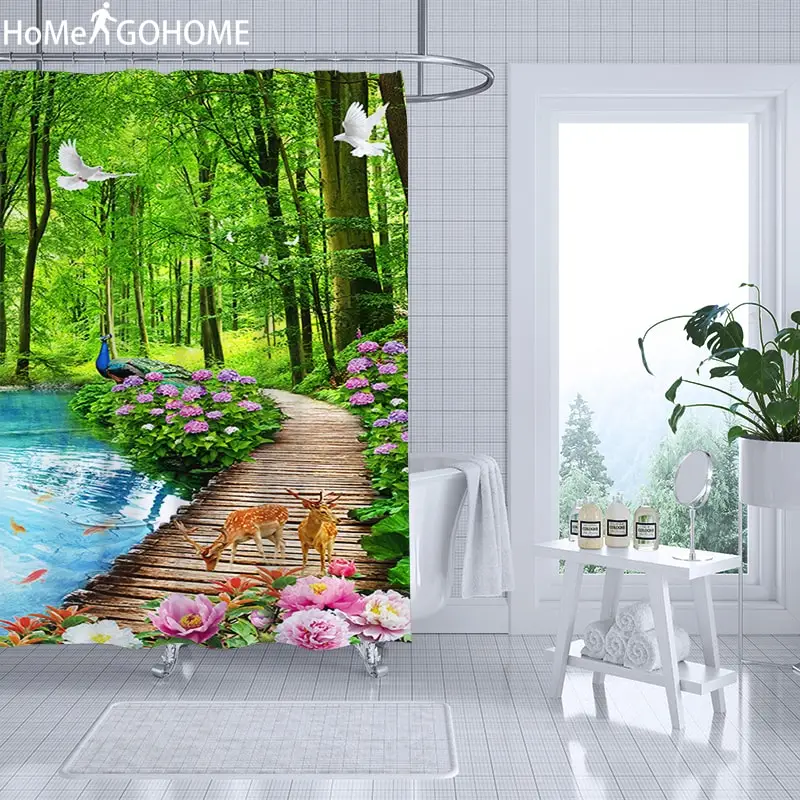 3d Landscape Shower Curtain Flowers Forest Peacock Elk Waterproof Polyester Bathroom Curtain Fabric for Bathtub Bath Screen Art