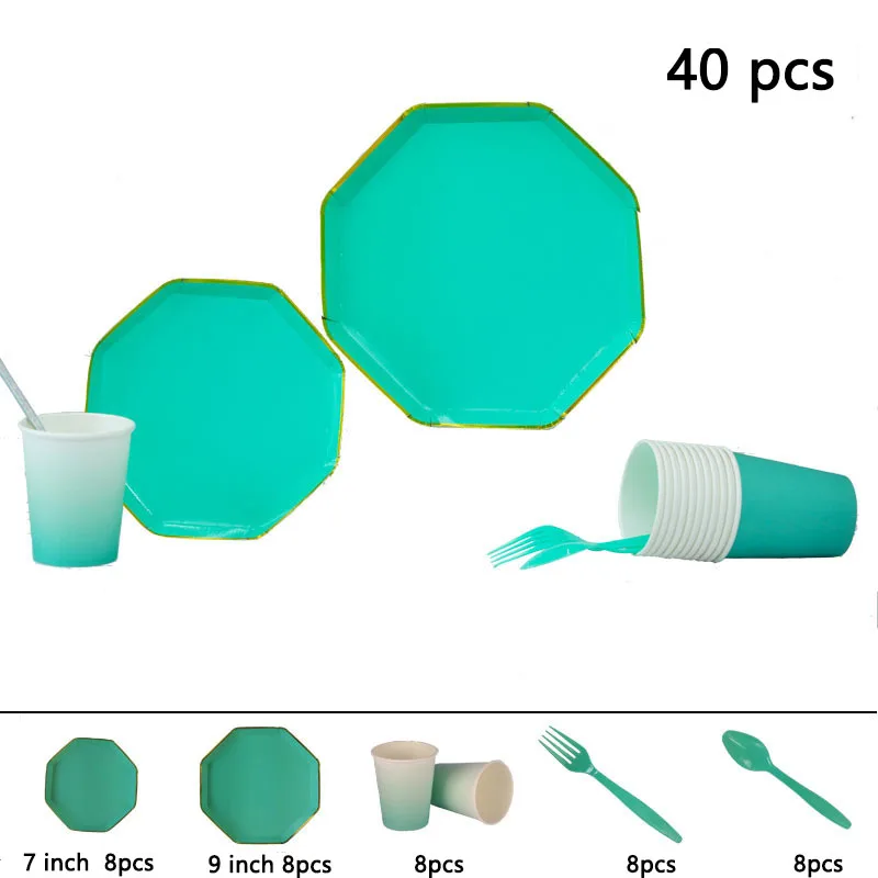 40PCS Одноразовые вечерние столовые приборы, свадебные украшения, украшения для дня рождения, детские 8 шт./1 упаковка, бумажные тарелки, бумажный стаканчик - Цвет: 40PCS