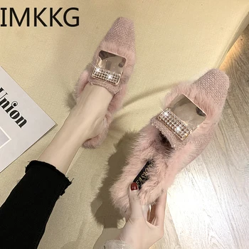 

Beautiful Shoes Woman 2019 Loafers Round Heel Slippers Mules Women Flock Buckle Plush New Fur with Fur Slides Rubber Basic Short