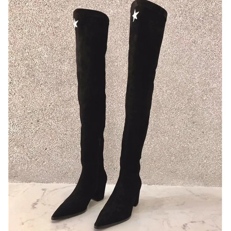 

pointy toe suede thigh high boots slim over knee women boots chunky heels stars motorcycle boots