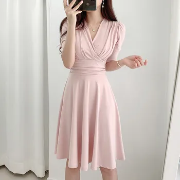 

2020 Summer Women Casual Dress V-neck Solid 2 Color A-line Fashion Elegant Temperament Knee-Length Office Lady Dress Vestidos