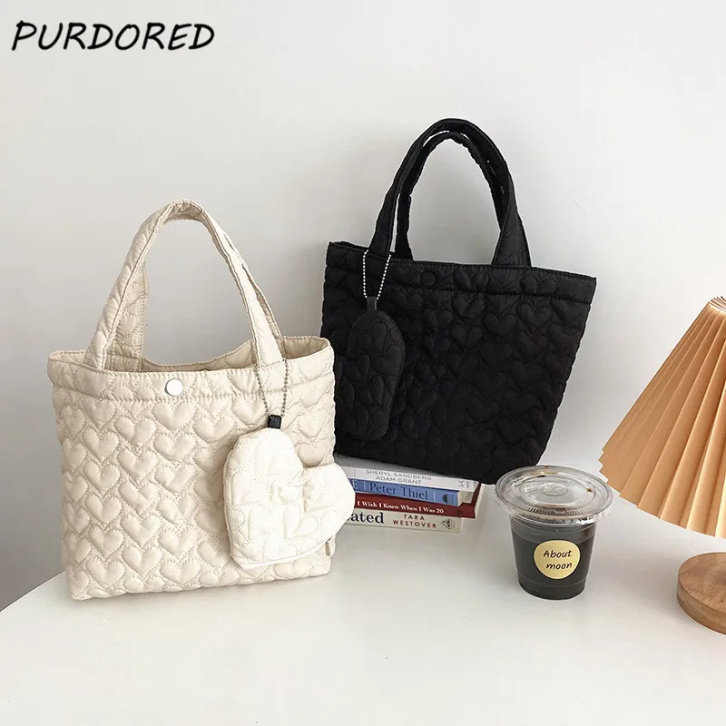 PURDORED 1 PC Female Quilted Heart Pattern Tote Bag Space Cotton Shoulder Bags Nylon Travel Mini Shopping with Coin Purse | Багаж и сумки