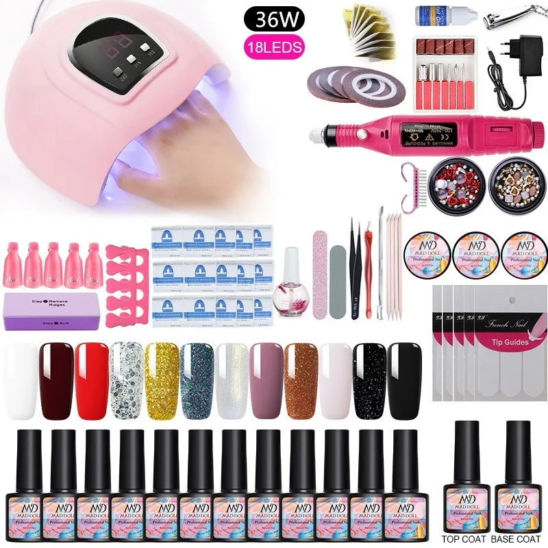 

UV Nail Set with 36W/45W/54W LED Lamp Dryer 12 Pcs Soak Off Nail Gel Polish Electric Nail Grinding Sanding Machine Accessories