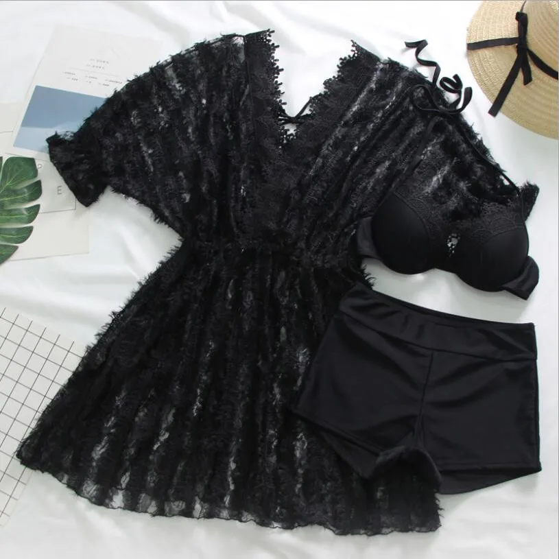 

2019 Women Black Lace Push Up Bikini Set Swimwear Bathing Suit with Cover Up Summer Sexy Swimming Beachwear Biquinis Swimsuit