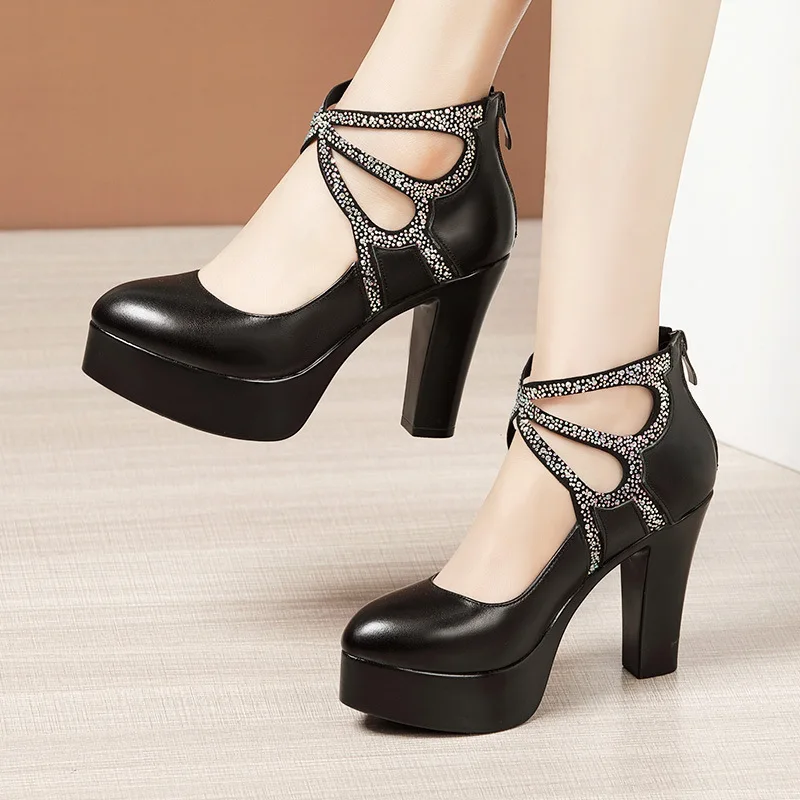 Small Plus Size 32-43 Split Leather Women Pumps Spring Summer 2022 Rhinestone High Heels Shoes Platform Thick Bottom Office