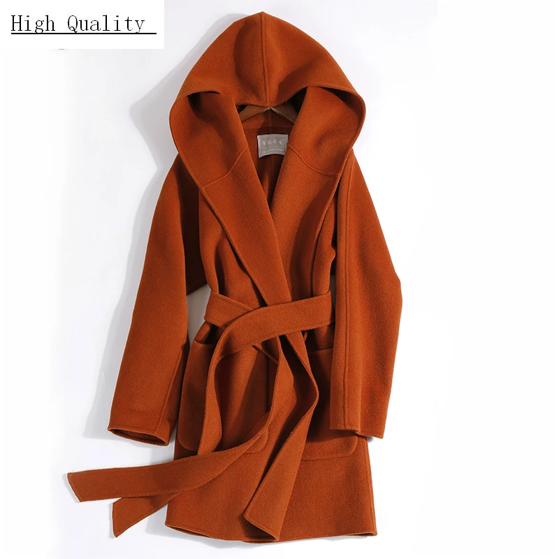 

Women Wool Coat Autumn Winter Belt Clothes Long Sided Hooded Woolen Coats Female Fashion Ladies Spring Overcoat LWL1326