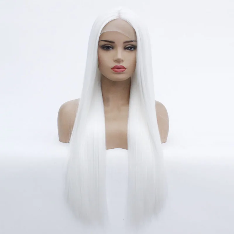 

Snow White Long Silky Straight Hair Cheap Synthetic Lace Front Wig Heat Resistant Glueless Lace Wigs Synthetic Hair for Women