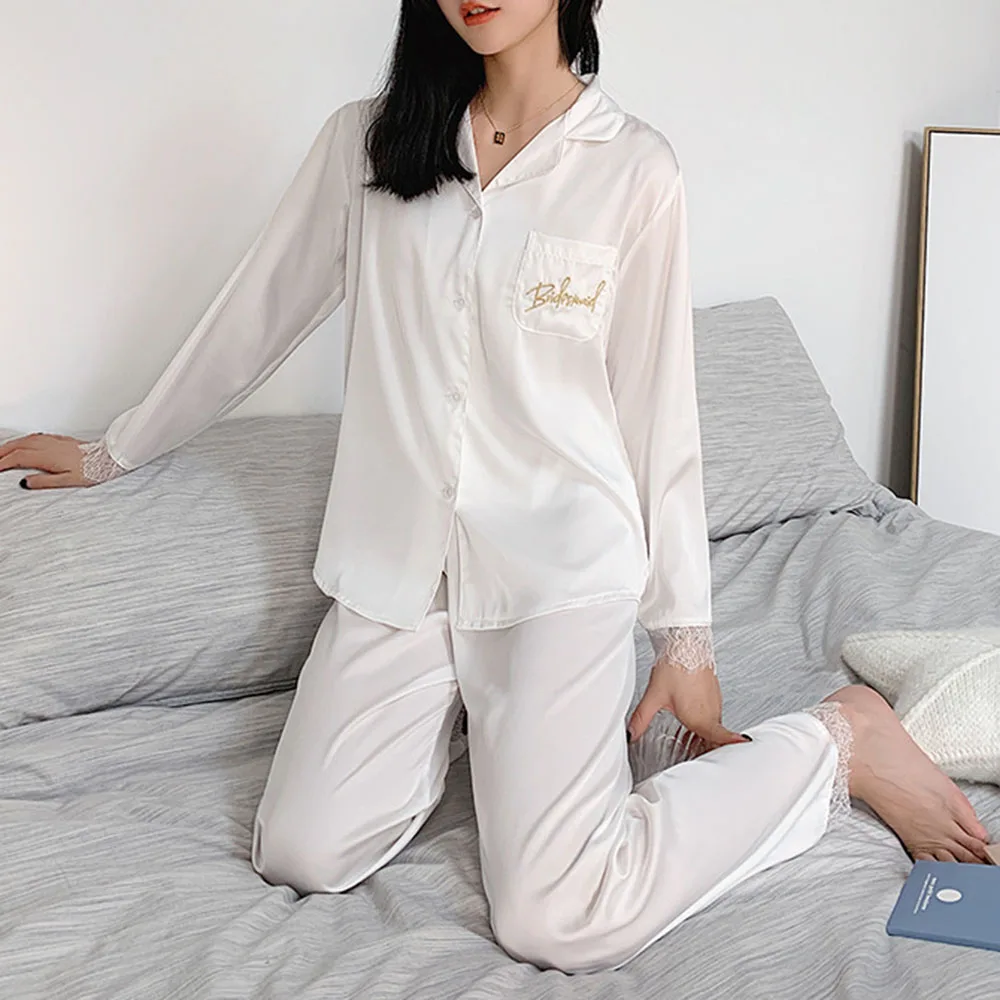 

2Pcs Sexy Silk Satin Pajama Sets Women Loungewear Fashion Top Pants White Elegant Home Nightwear Pajamas Mujer Spring 2020