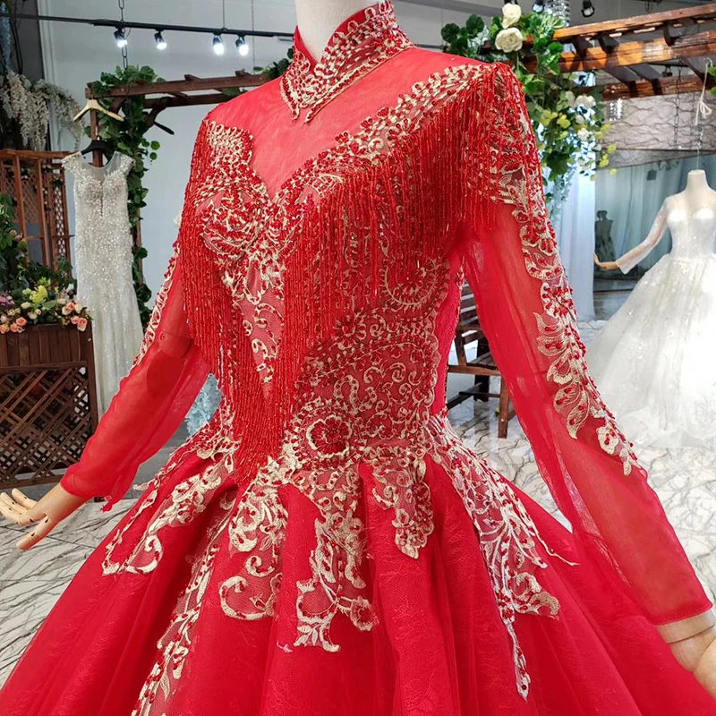 HTL787 свадебное платье мусульманское с рукавом с высоким вырезом узор бисерная шнуровка сзади красное платье свадебное платье с вуалью для невесты