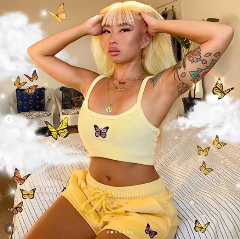 Yellow Embroidered Butterfly Velvet Crop Top Short Set