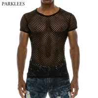 Men's Mesh See-through Fishnet T Shirt 2023 Fashion Sexy Short Sleeve Undershirt Nightclub Wear T-shirt Perform Streetwear Tops 1