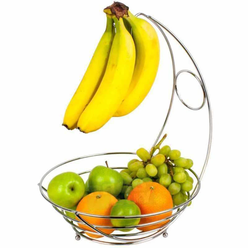 Iron Silver Chrome Plated Fruits & Veg Basket Bowl Banana Hanger Shelf for Kitchen Tables and Countertops 240x240x440mm