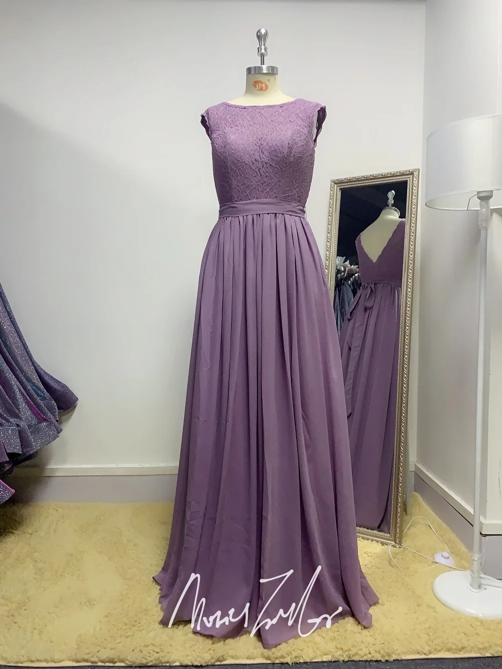 

lavender grey chiffon lace long bridesmaid dress 2020 small collar different nice luckgirls mocini tailor-Broken code on sale